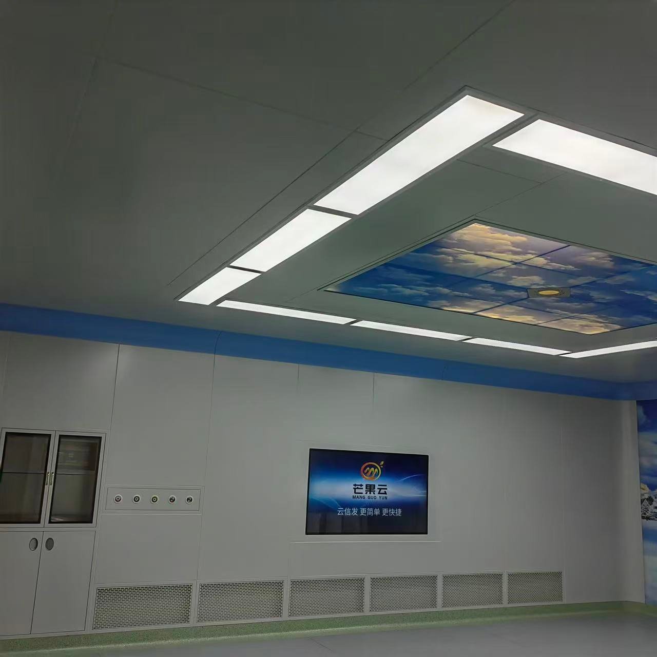 Blue operating room with integrated wall equipment