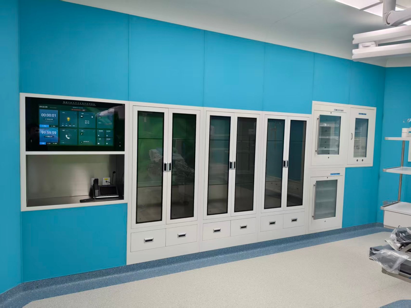 Operating room storage cabinets and control panel