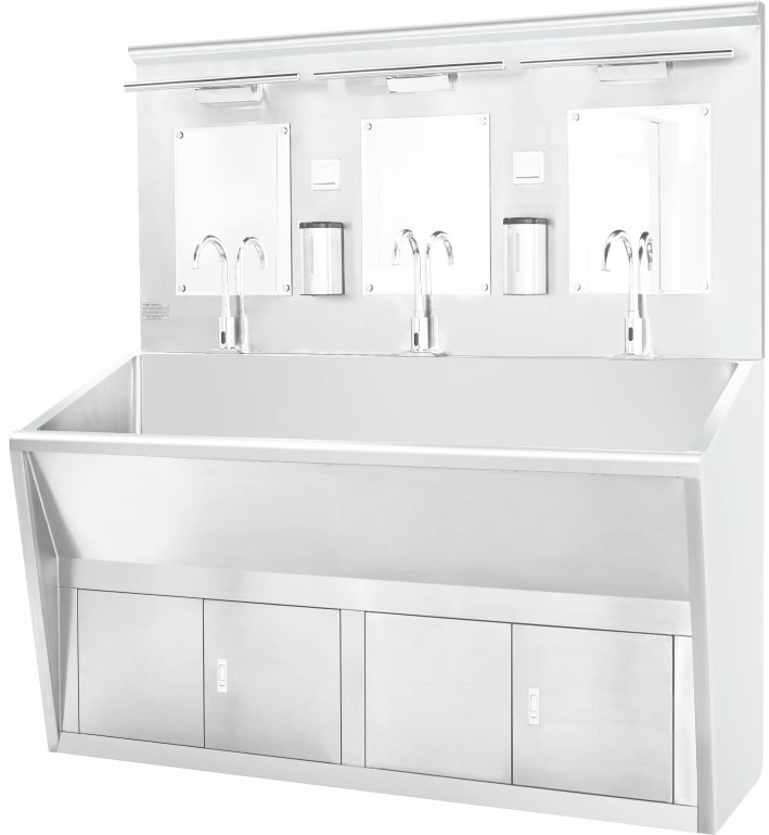 Stainless steel multi-station scrub sink for hospital clean areas