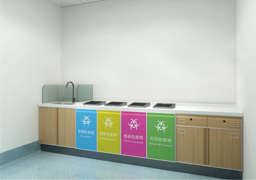 Hospital waste sorting cabinet with color-coded doors