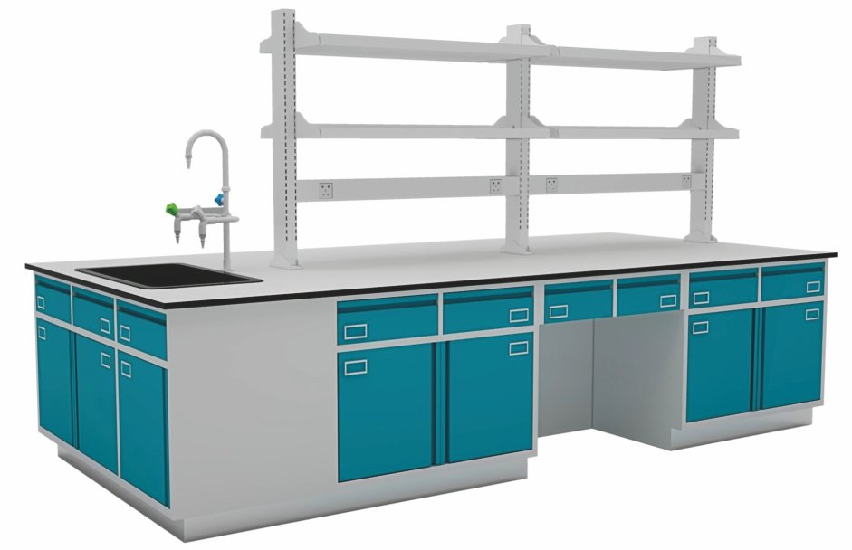 Laboratory island bench with reagent shelves and storage