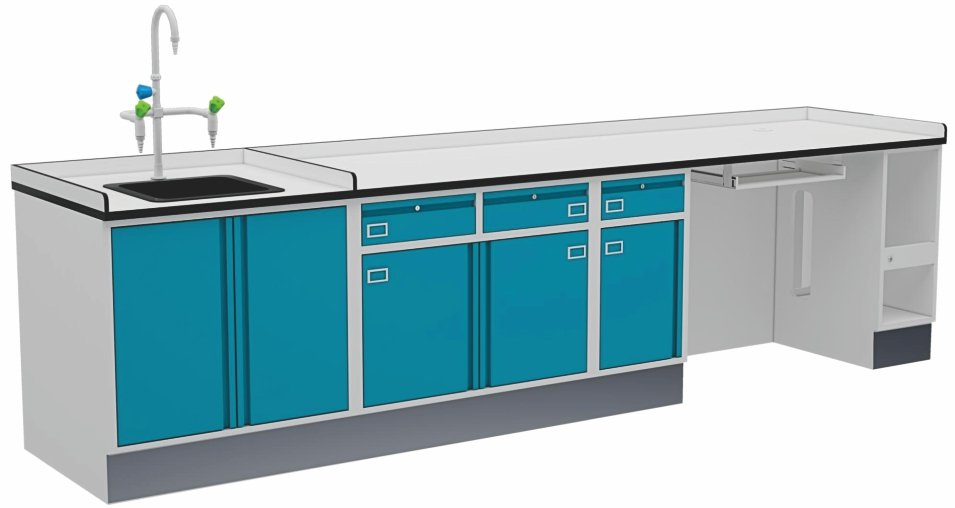 Laboratory bench with sink, cabinet storage and worktop
