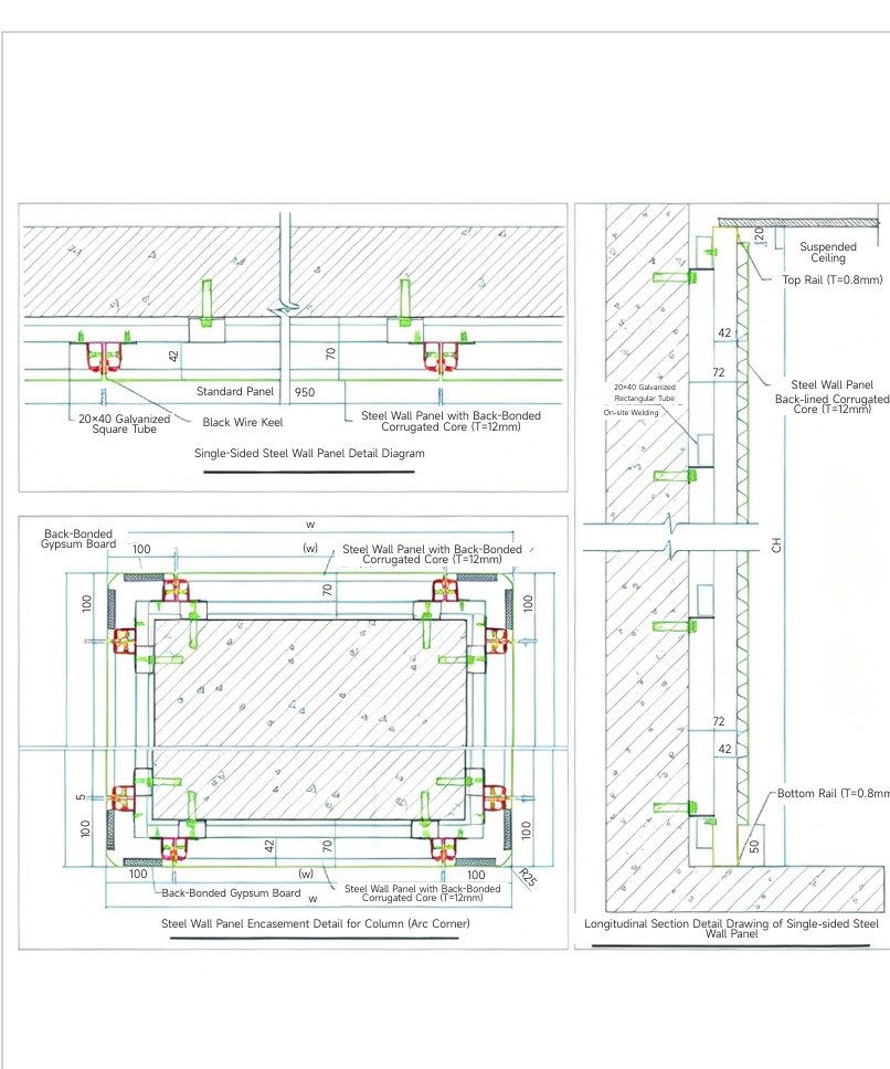 Black line keel type wall panel construction detail