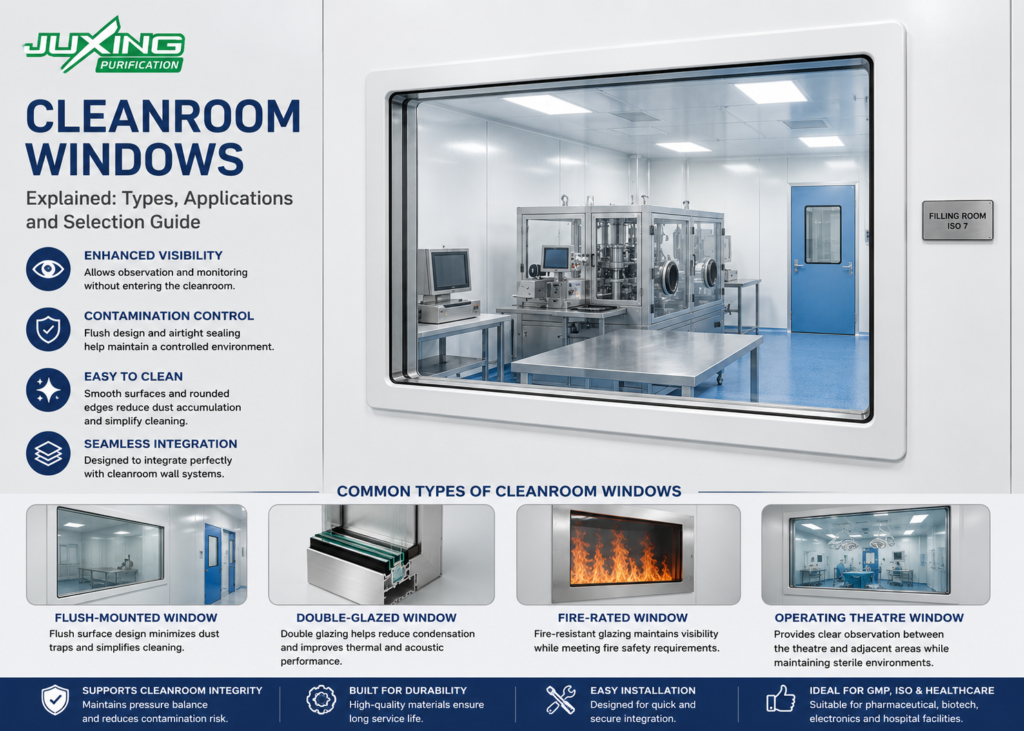 Cleanroom Windows Explained: Types, Applications and Selection Guide Cleanroom window with flush-mounted double glazing installed in a modular cleanroom wall for pharmaceutical and healthcare applications