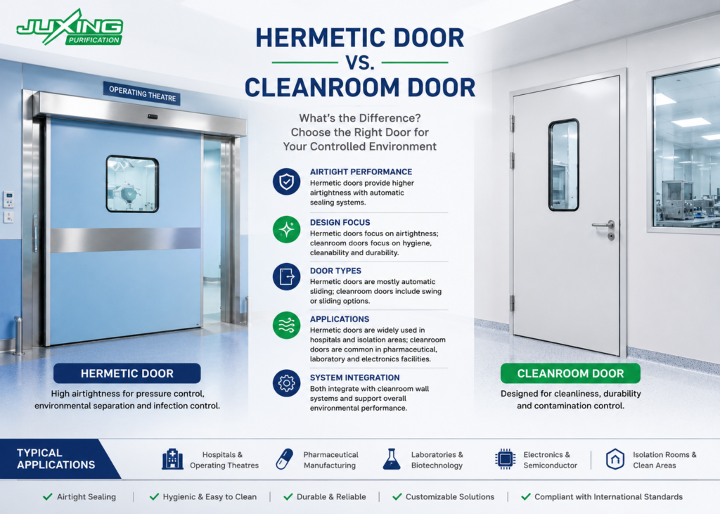 Hermetic Door vs. Cleanroom Door: What's the Difference? hospital hermetic sliding door compared with a pharmaceutical cleanroom door in controlled environments