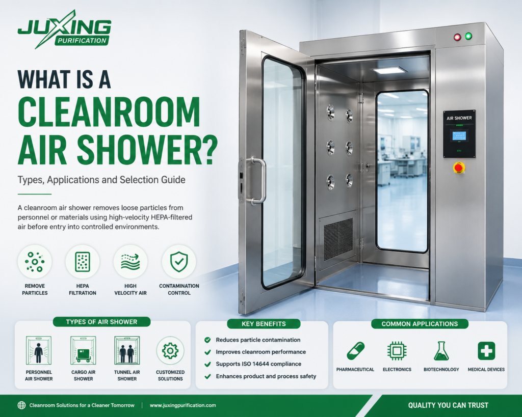 Cleanroom air shower with HEPA filtration for personnel entrance into controlled environments