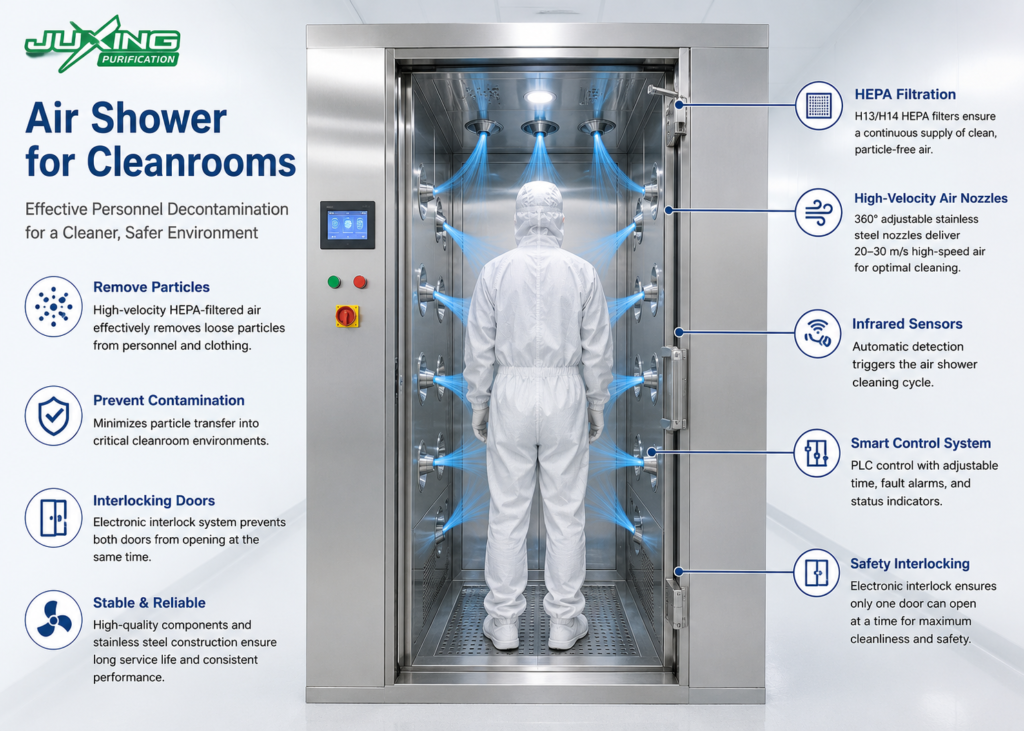 Air Shower for Cleanrooms: Working Principle, Applications and Selection Guide Personnel cleanroom air shower with HEPA filtration installed at a cleanroom entrance