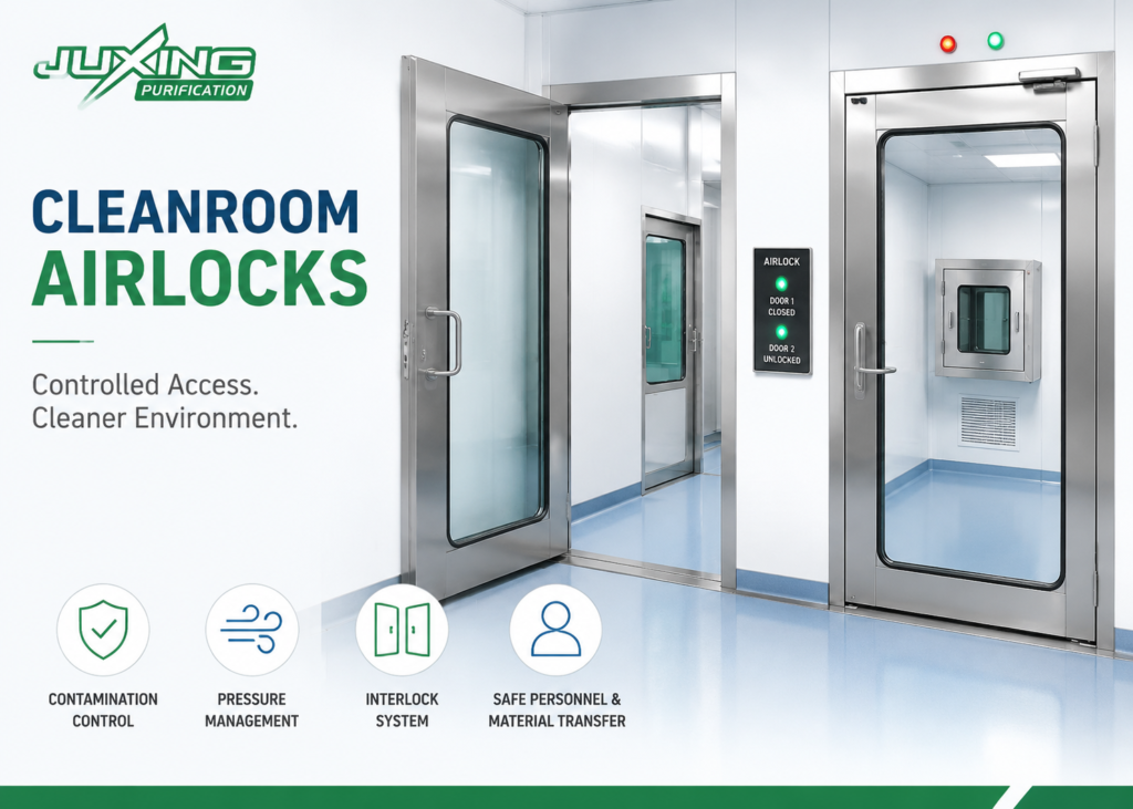 Cleanroom airlock design showing personnel and material airlock systems for contamination control