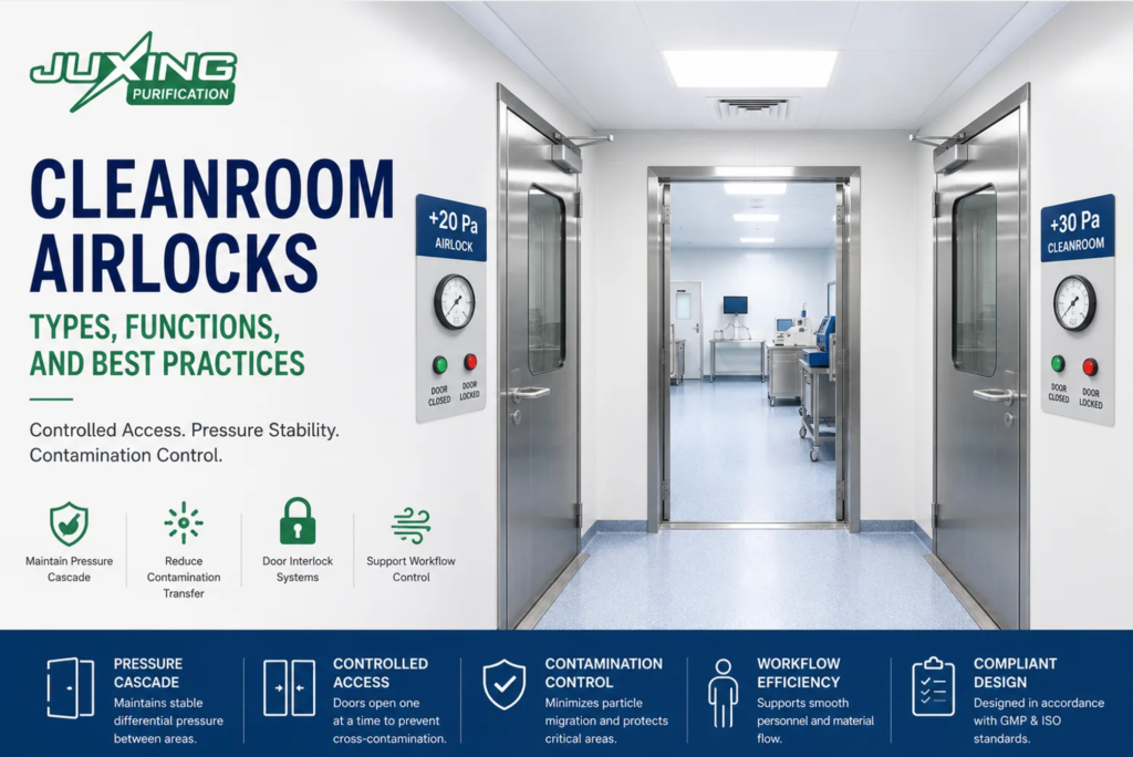 Airlocks in Cleanroom Design: Types, Functions, and Best Practices Modern cleanroom airlock with interlocked airtight doors supporting pressure cascade and contamination control