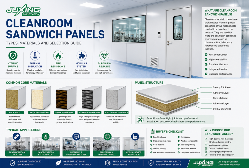 Cleanroom sandwich panels with modular wall system showing different core materials for pharmaceutical and laboratory cleanrooms