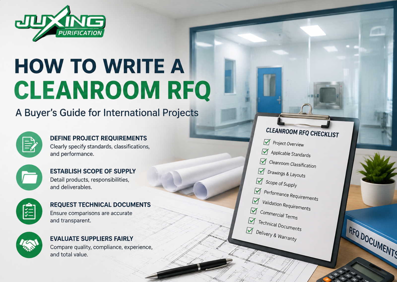Resources cleanroom rfq buyer reviewing technical specifications and project drawings for an international cleanroom procurement project