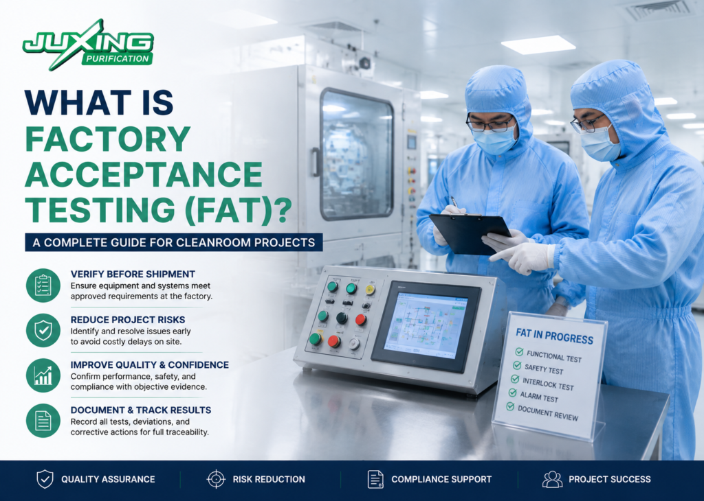Factory Acceptance Testing (FAT) of cleanroom equipment before shipment for a pharmaceutical cleanroom project