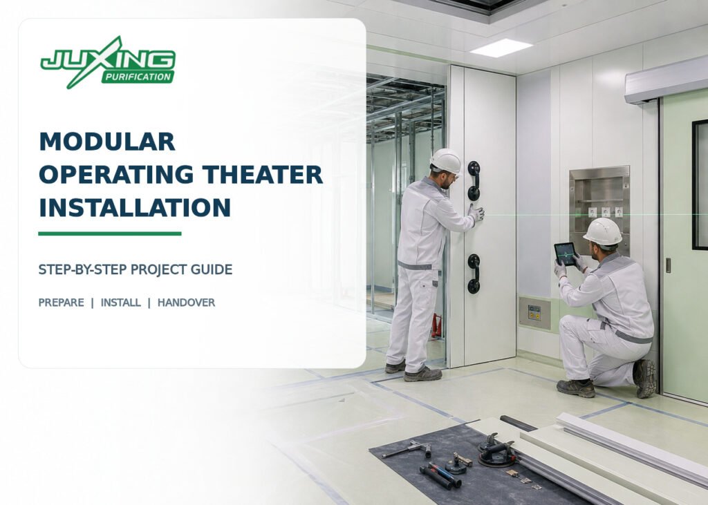 Installation of modular wall and ceiling panels in an operating theater