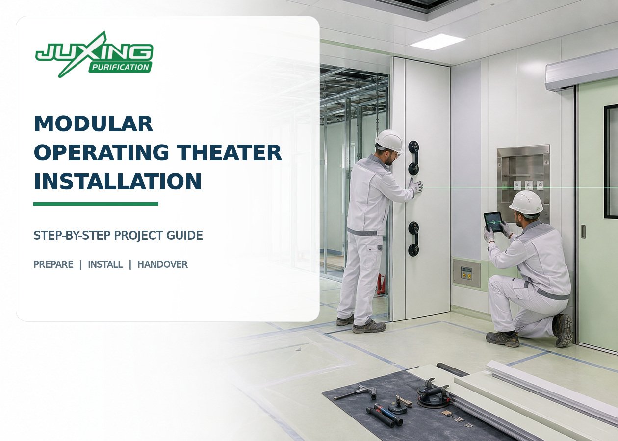 Installation of modular wall and ceiling panels in an operating theater
