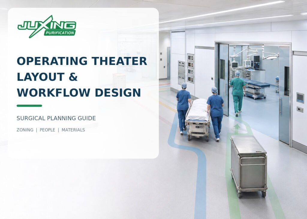 A practical guide to operating theater layout and workflow design, covering departmental zoning, patient and staff movement, sterile supplies, used instruments, waste routes, equipment storage and support spaces.