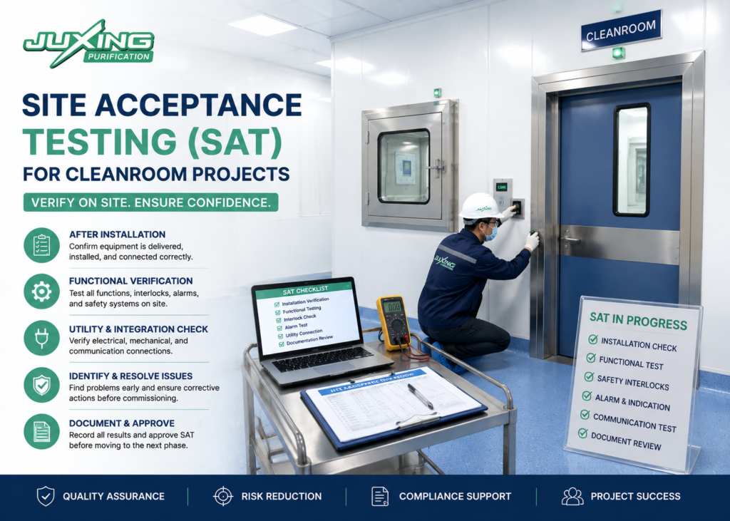 What Is Site Acceptance Testing (SAT)? A Complete Guide for Cleanroom Projects Site Acceptance Testing (SAT) of cleanroom equipment after installation in a pharmaceutical cleanroom project
