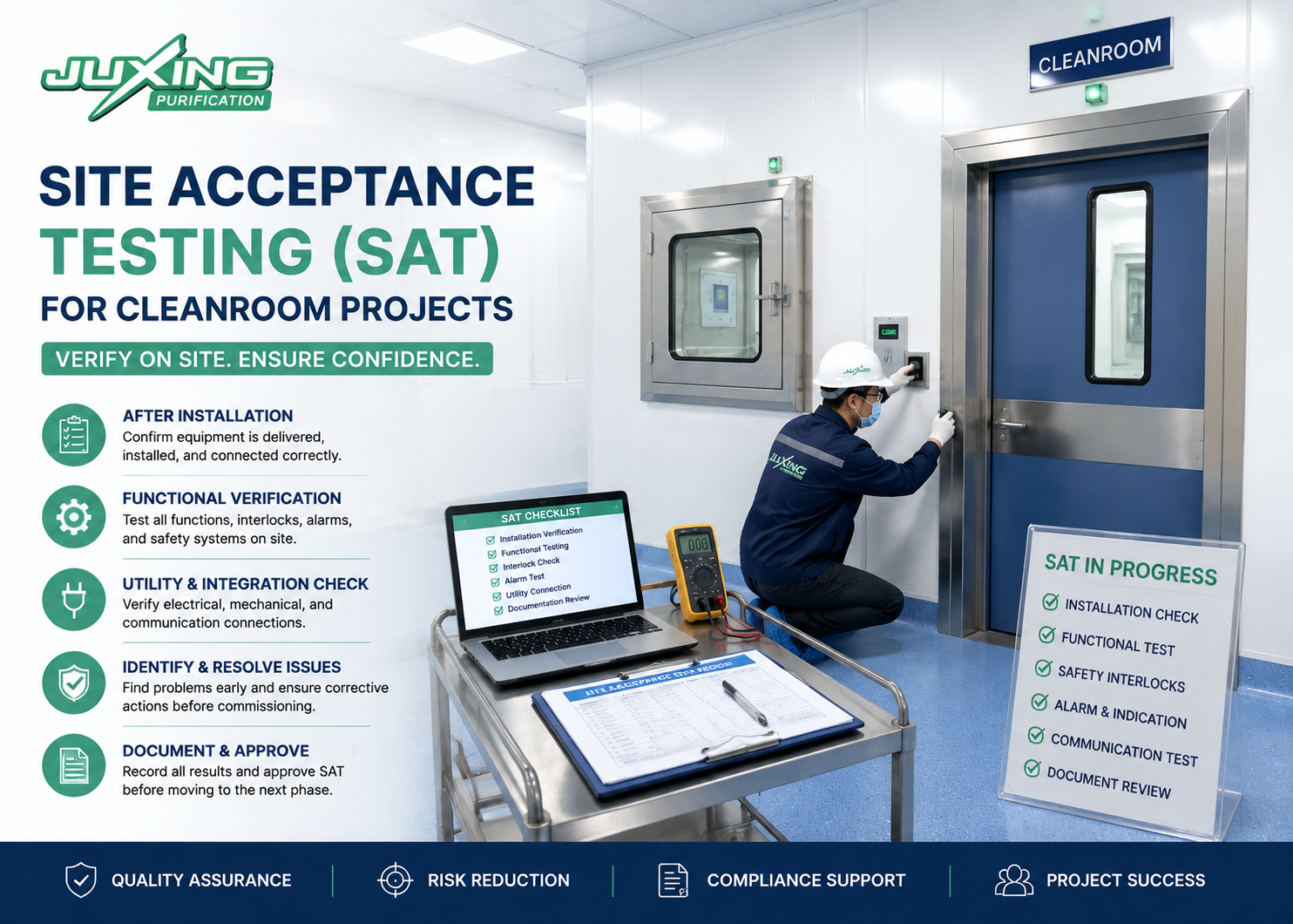 Resources Site Acceptance Testing (SAT) of cleanroom equipment after installation in a pharmaceutical cleanroom project