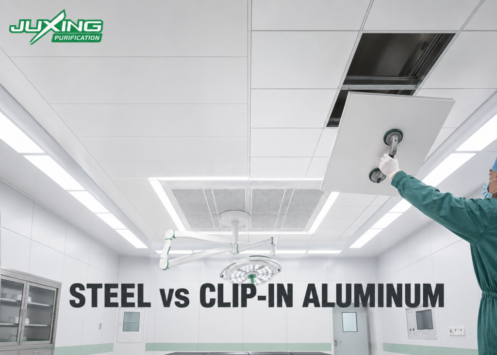 Steel panels and clip-in aluminum panels for modular operating theater ceiling systems