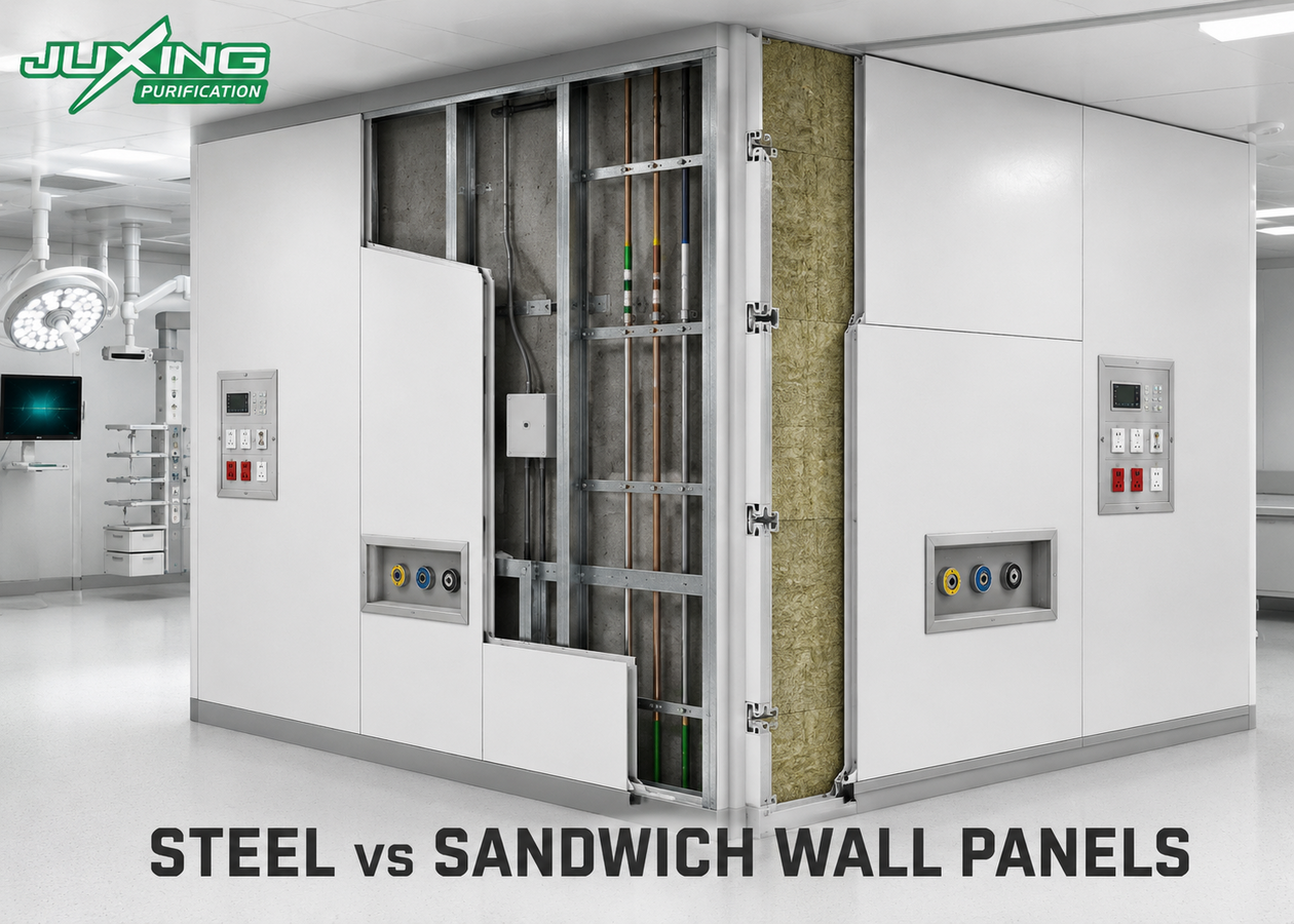 Single-skin steel and sandwich wall panels for modular operating theaters