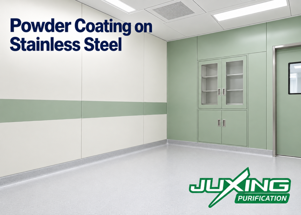 Powder Coating on Stainless Steel for Operating Theater Wall Panels Powder coating on stainless steel wall panels in a modular operating theater