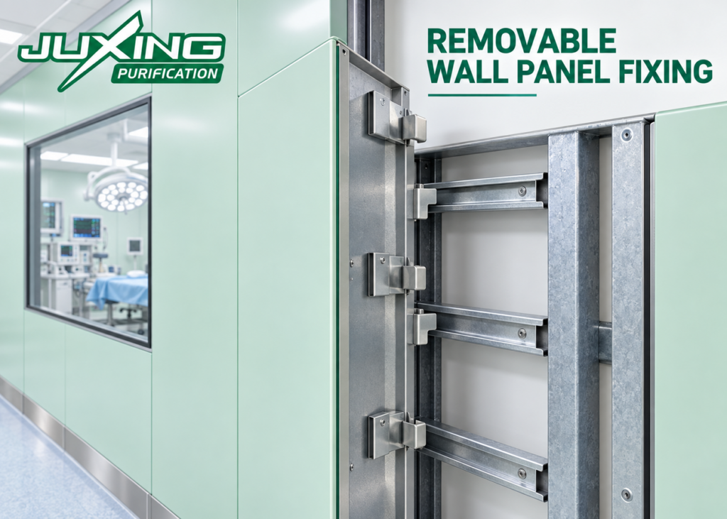 Removable Operating Theater Wall Panels: Fixing and Rear-Hook Systems Removable operating theater wall panels with concealed rear-hook fixing system and galvanized steel frame