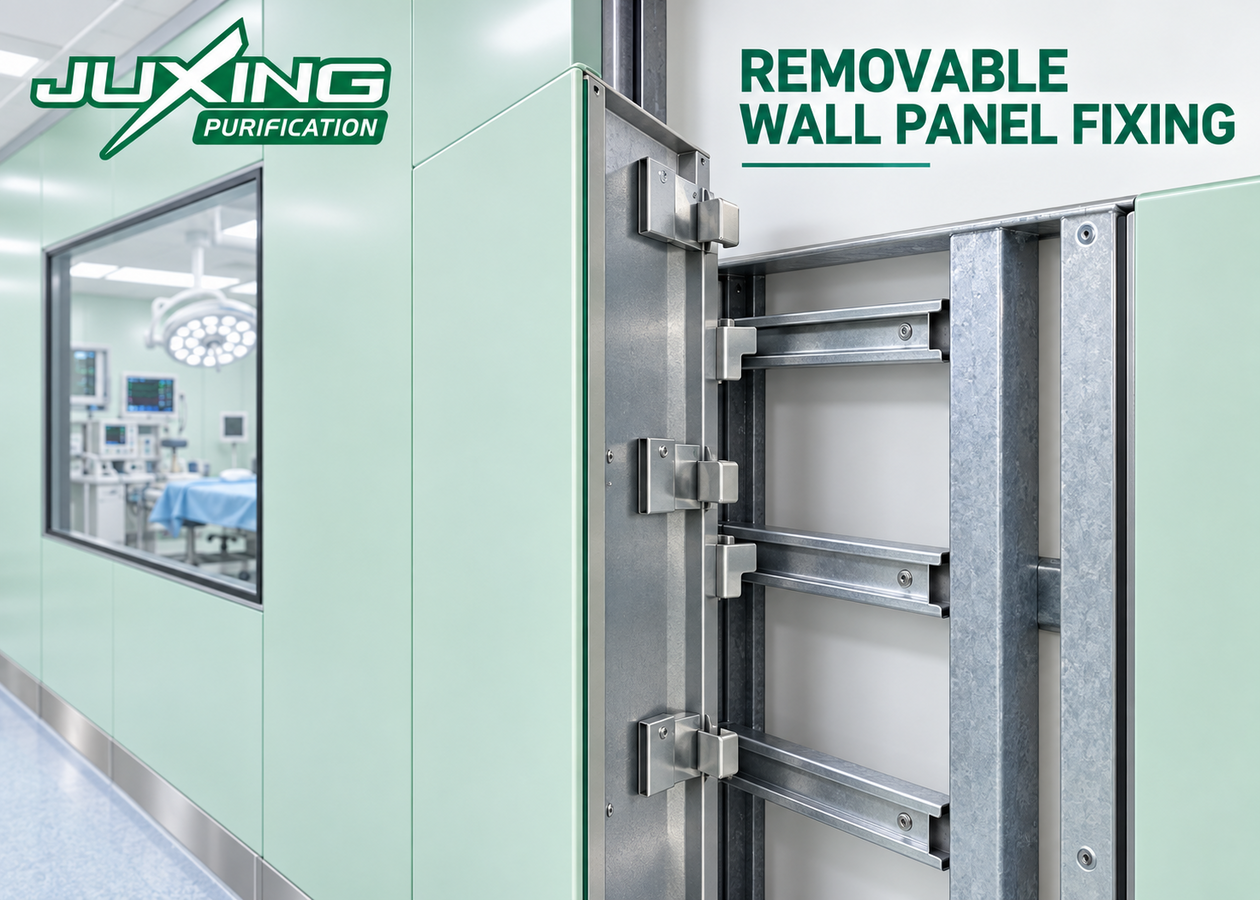 Removable operating theater wall panels with concealed rear-hook fixing system and galvanized steel frame
