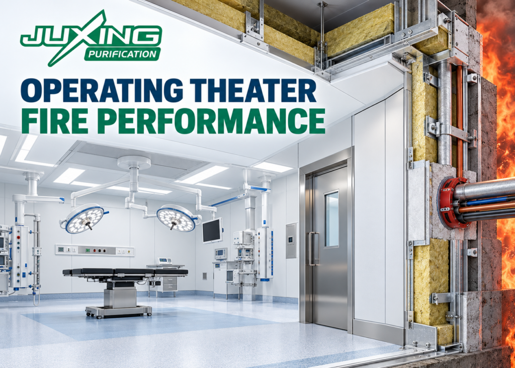 Modular operating theater fire performance showing complete wall, ceiling, joint and service penetration construction