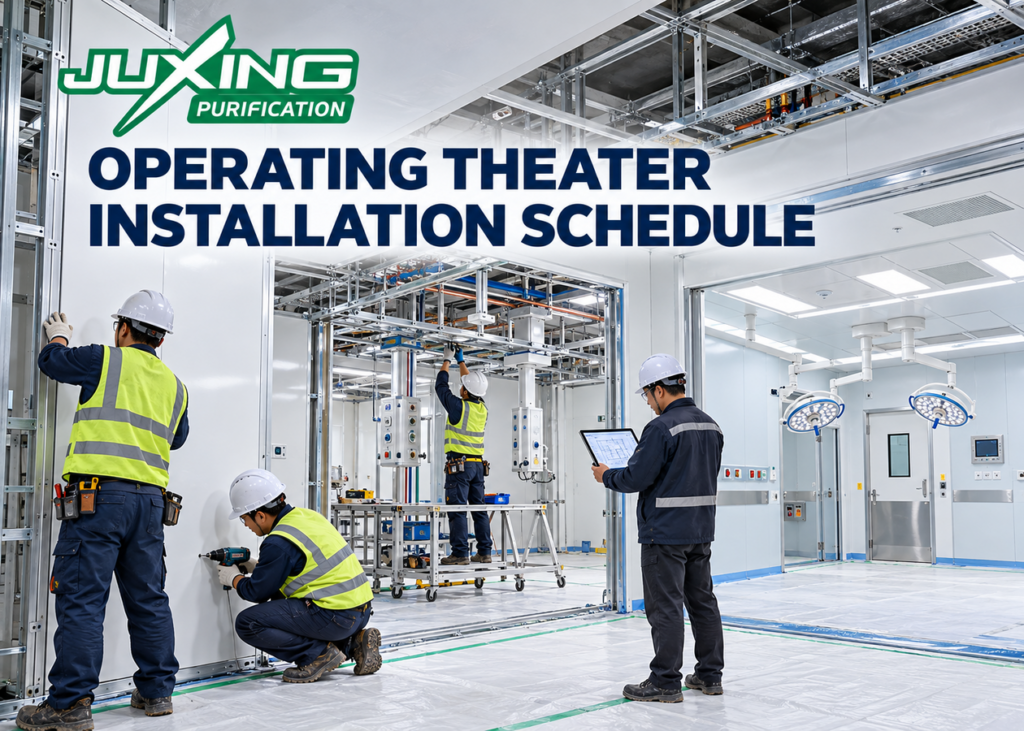 Modular operating theater installation schedule showing wall panel assembly, manpower and coordinated site work