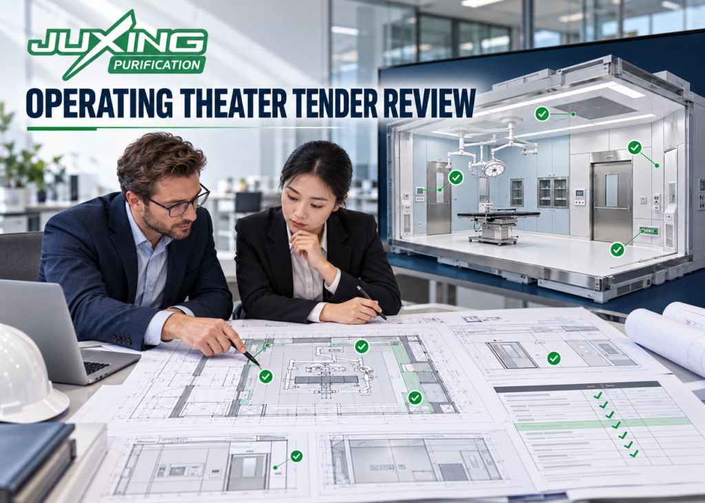 Operating theater tender specification review comparing technical drawings, product schedules and modular system requirements