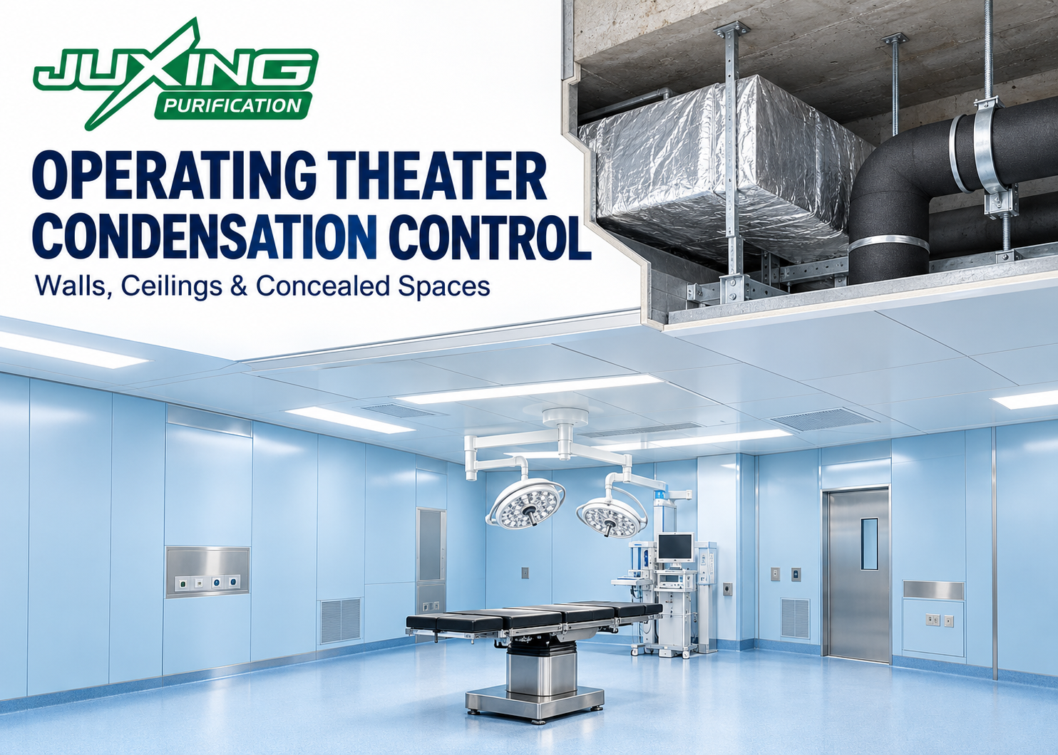 Operating theater condensation control illustrated by insulated services above modular ceiling panels