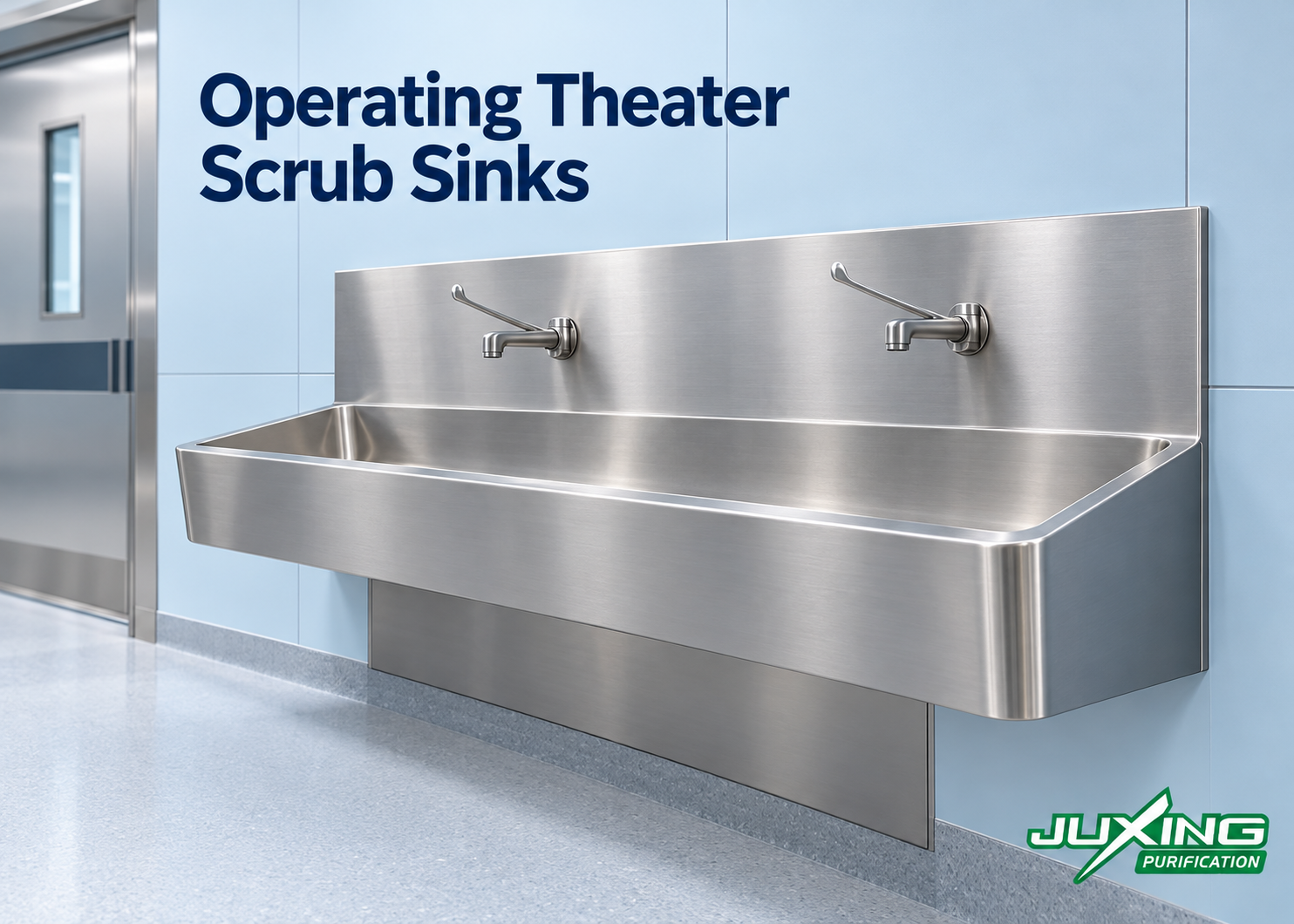 Stainless steel operating theater scrub sinks with wall-mounted taps and splashbacks against modular wall panels