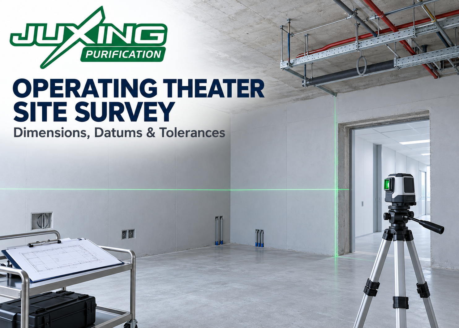 Operating theater site survey using a laser measuring instrument to check room dimensions and door openings before modular panel installation