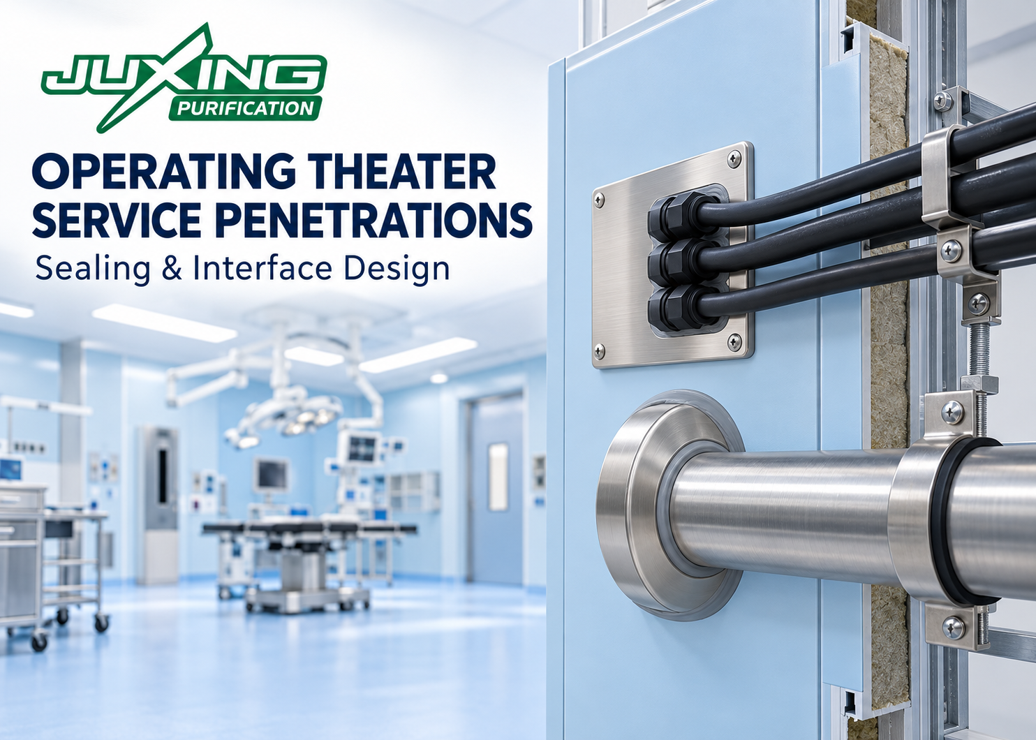 Operating theater service penetrations illustrated by sealed cable and pipe interfaces through a modular wall panel