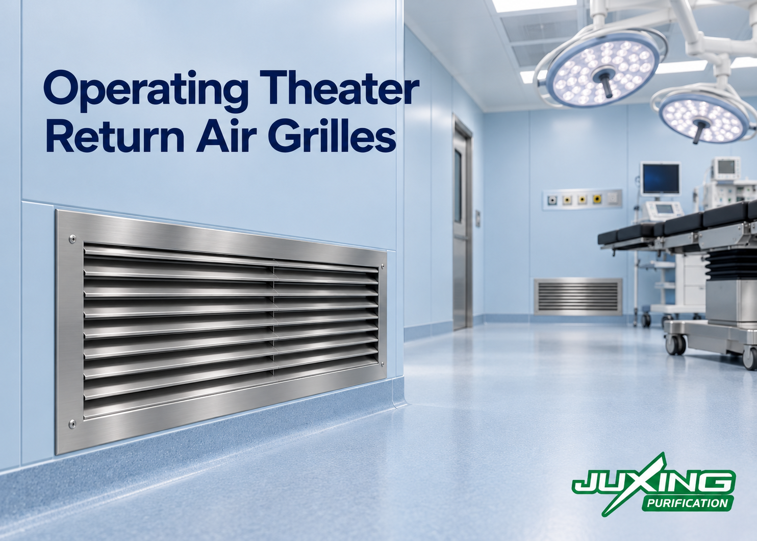 Low-level operating theater return air grilles integrated into pale blue modular wall panels