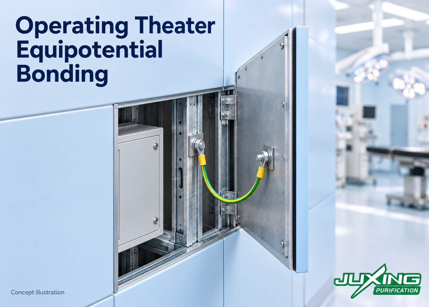 Concept illustration of operating theater equipotential bonding connections behind a removable metal wall panel