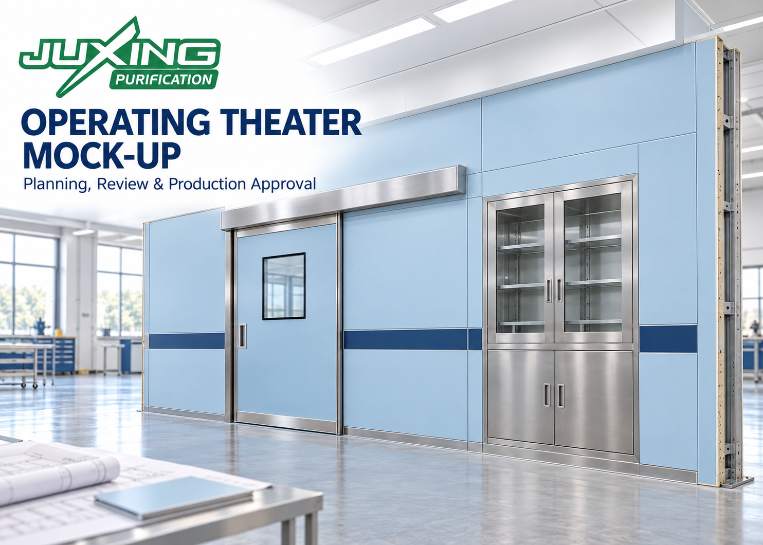 Operating theater mock-up showing modular wall panels, a door frame and a built-in cabinet for interface review