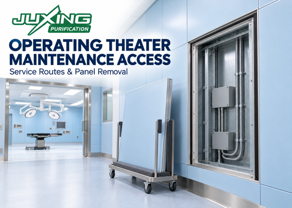 Operating Theater Maintenance Access: Service Routes and Panel Removal Planning Operating theater maintenance access through a removable modular wall panel beside an adjoining service corridor
