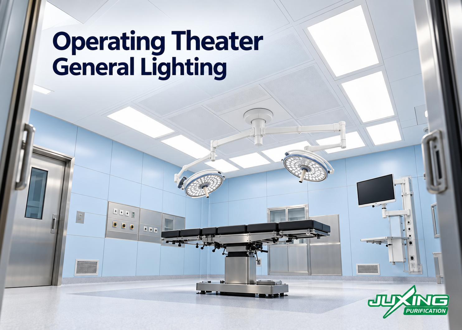 Modular ceiling with recessed luminaires for operating theater general lighting above a surgical table