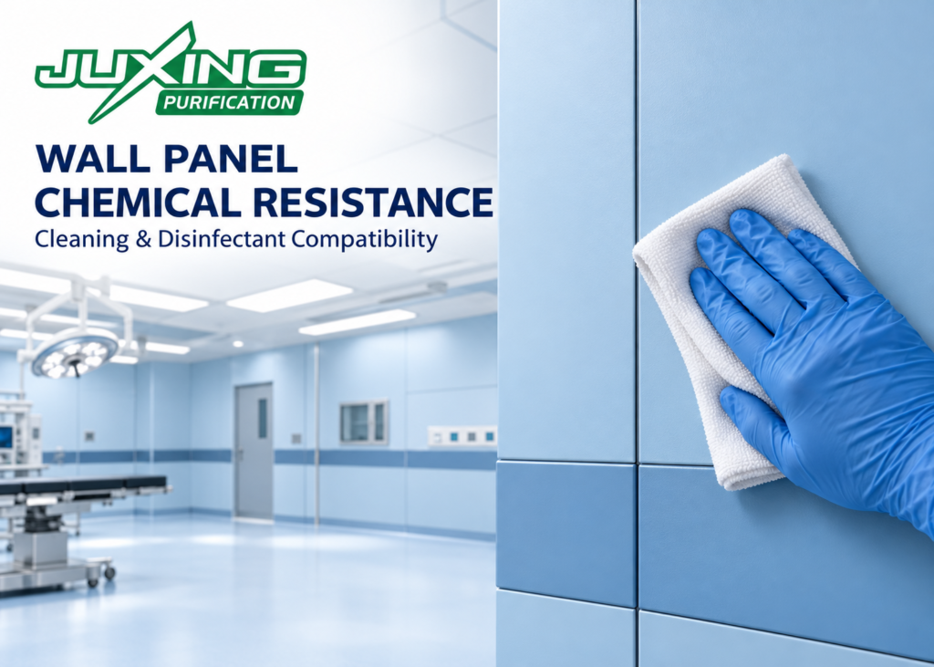 Operating Theater Wall Panel Chemical Resistance: Cleaning and Disinfectant Compatibility Operating theater wall panel chemical resistance illustrated by wiping a modular wall surface beside a sealed panel joint